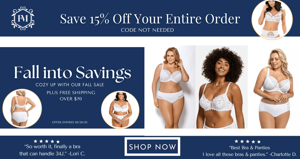 Promotional banner for Bra Fall Sale with models wearing white bras and panties, and text offering a discount and sale details.