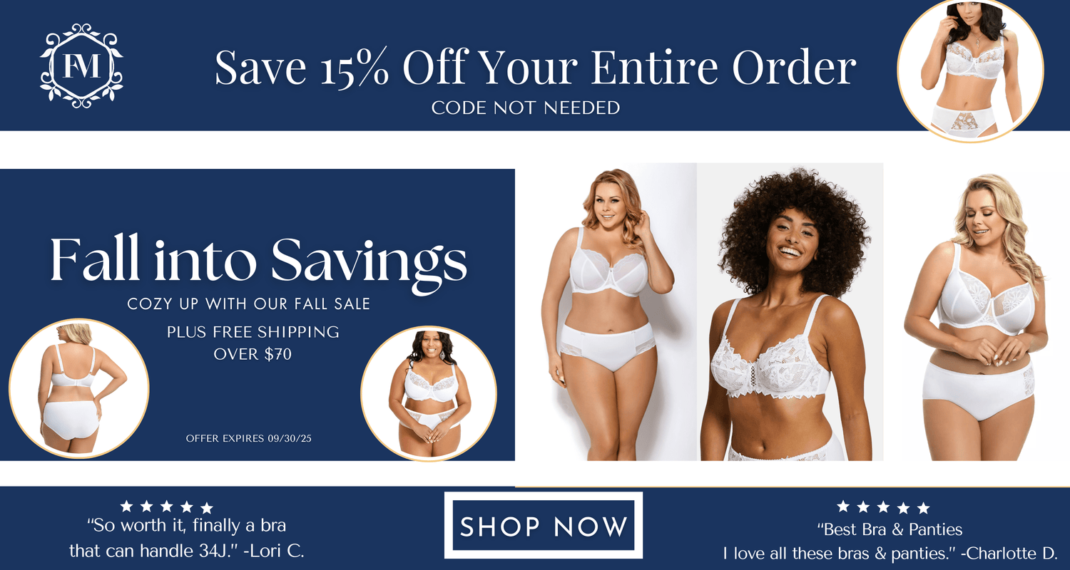 Promotional banner for Bra Fall Sale with models wearing white bras and panties, and text offering a discount and sale details.