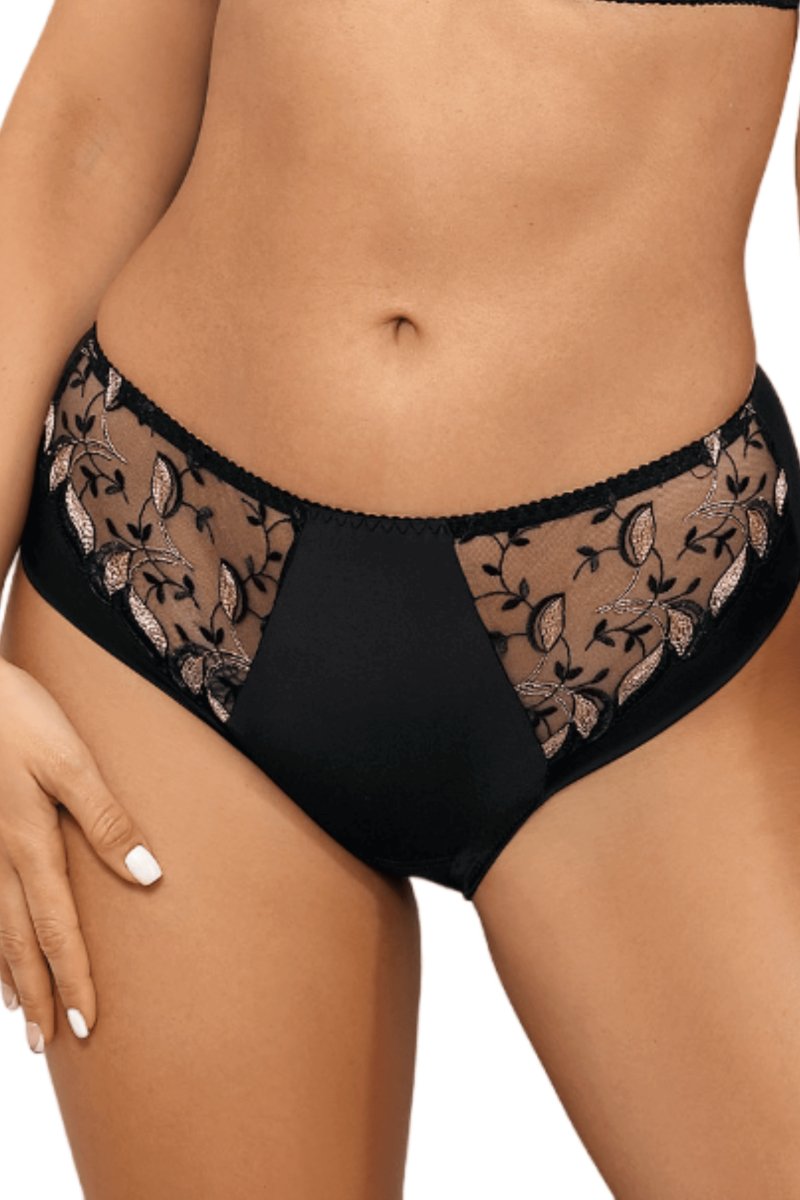 GOLD AND BLACK LACE YVONNE HIGH - CUT PANTIES - FitAuMaxLingerie